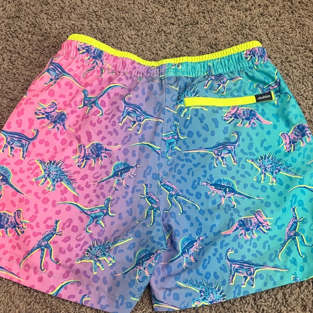 Neon Rainbow Dinosaur Swim Trunks Chubbies Dino Delights S 5.5 inseam
